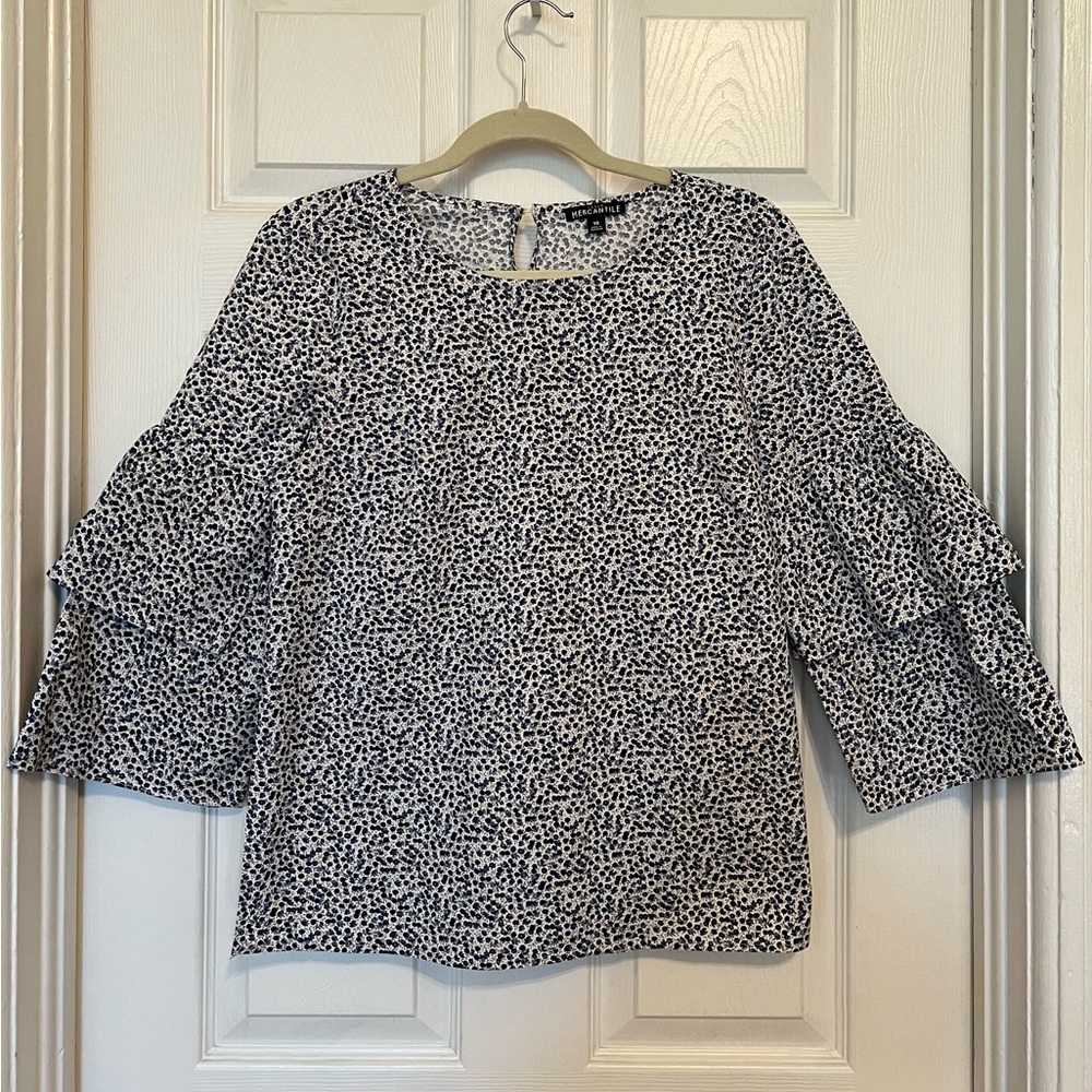 J. Crew Mercantile Floral blue & cream Ruffle Sleeve Blouse, Size L / 10